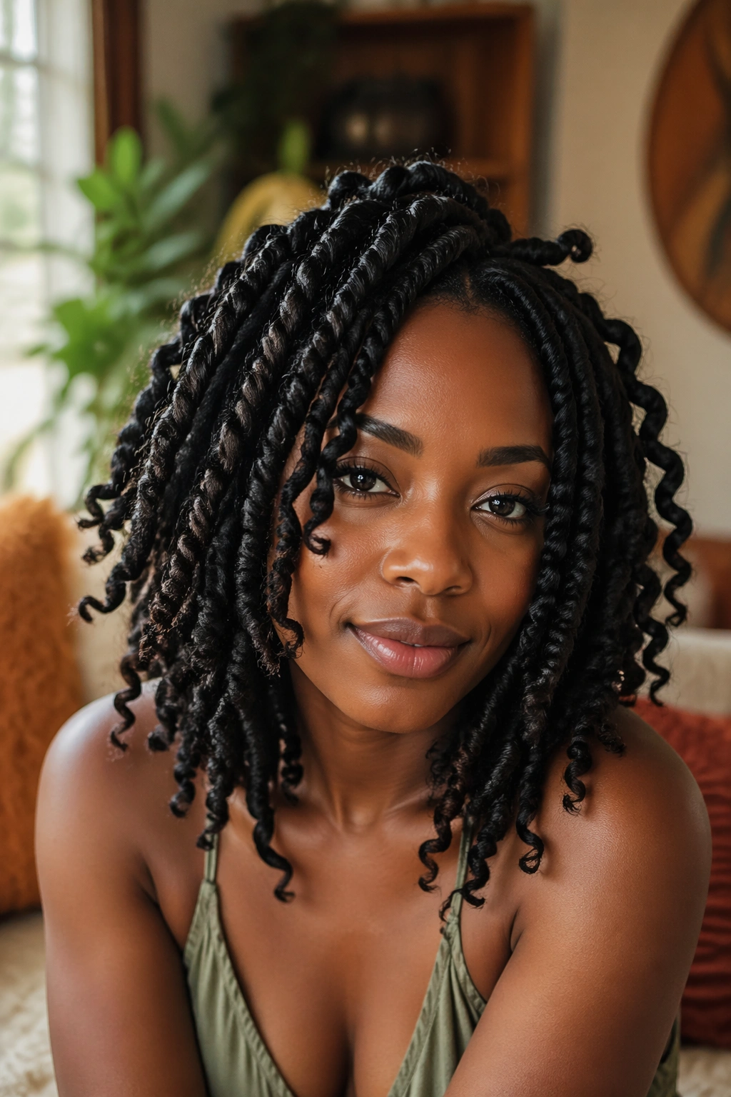Close-up of freeform crochet twists on a real person's head