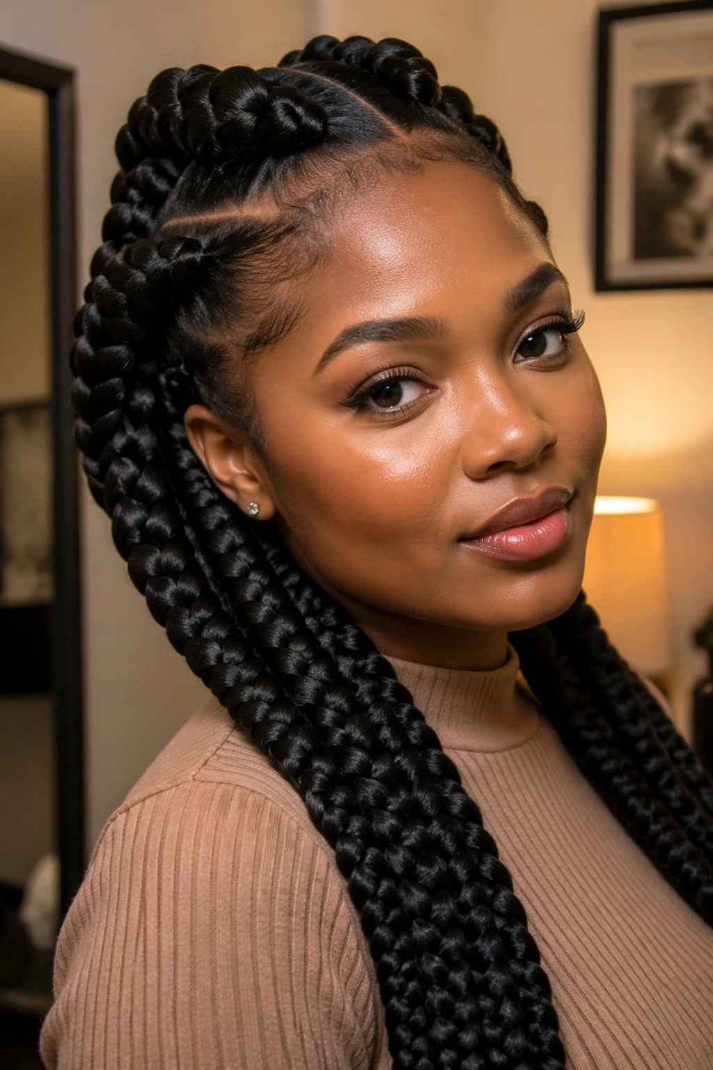 Portrait of a woman with large crochet goddess braids lifted off the scalp