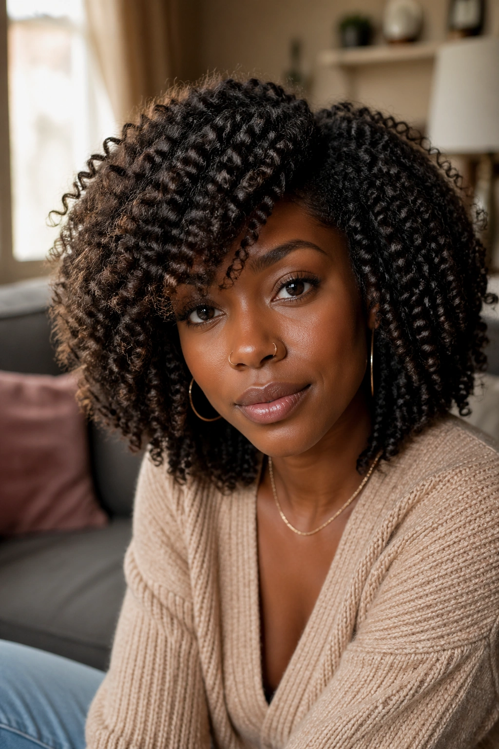 Portrait of woman wearing shoulder-grazing crochet afro
