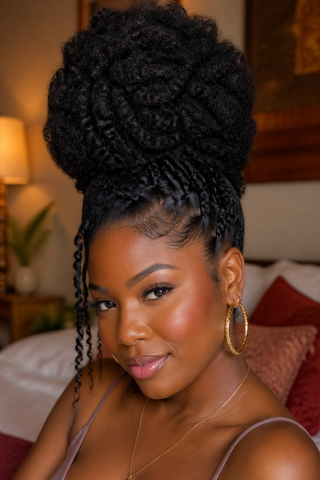 Close-up of a real woman with a dramatic crochet kinky hair updo