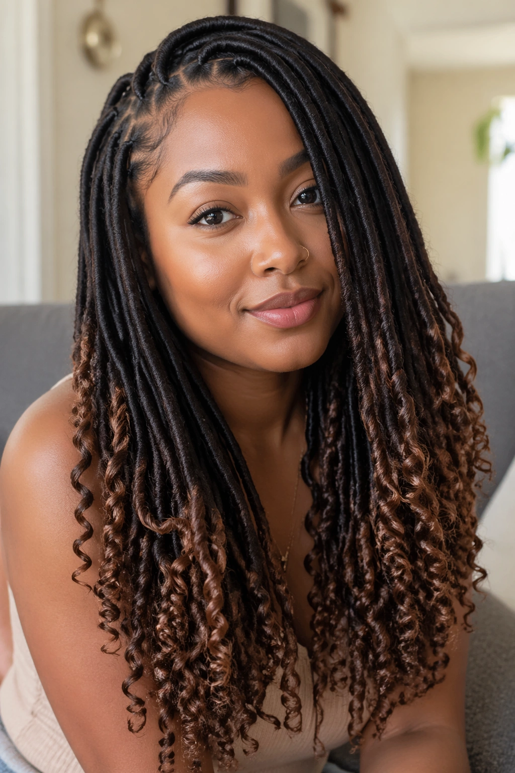 Close-up portrait of a real person with crochet locs featuring curly ends