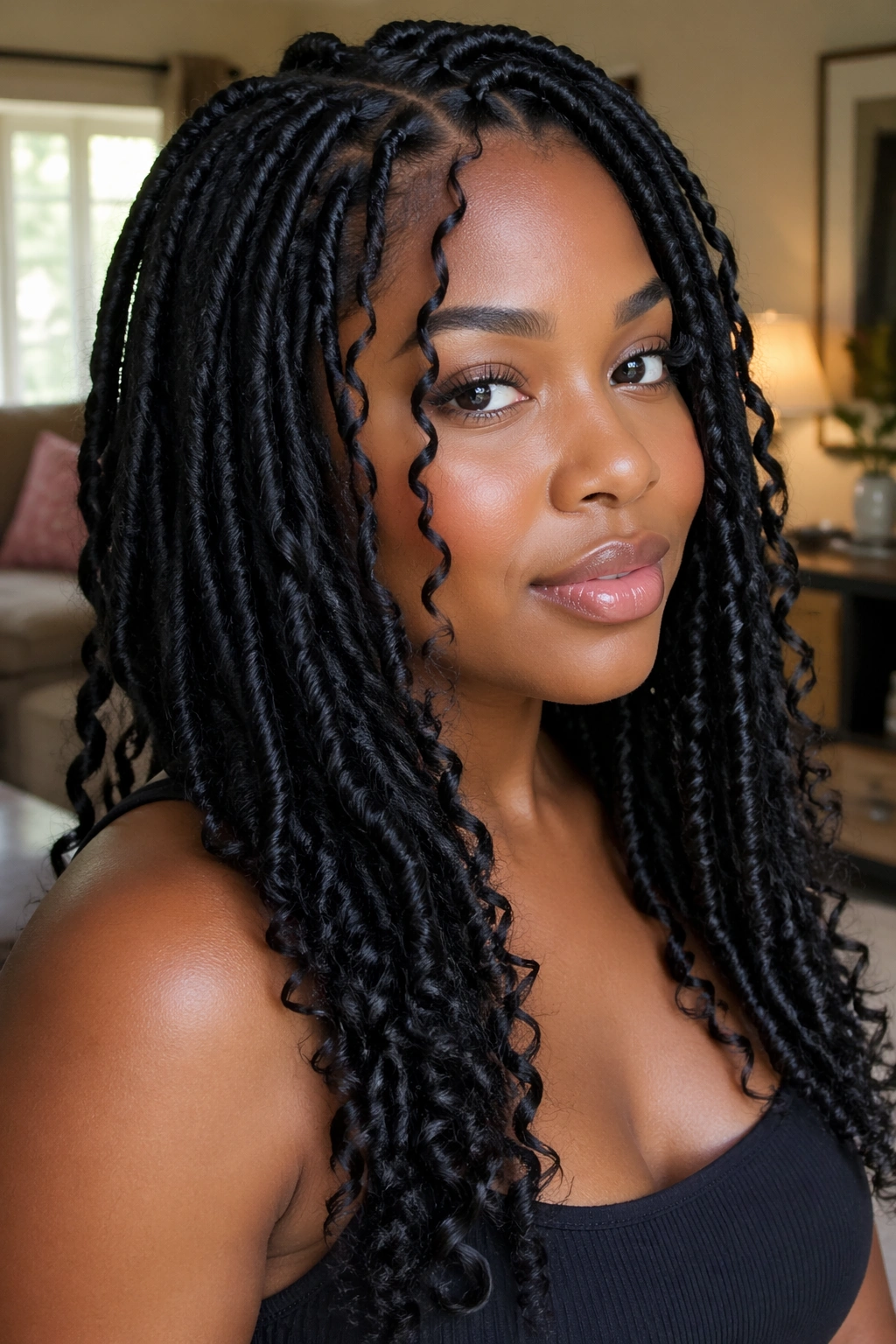 Close-up of a real woman with crochet curly faux locs