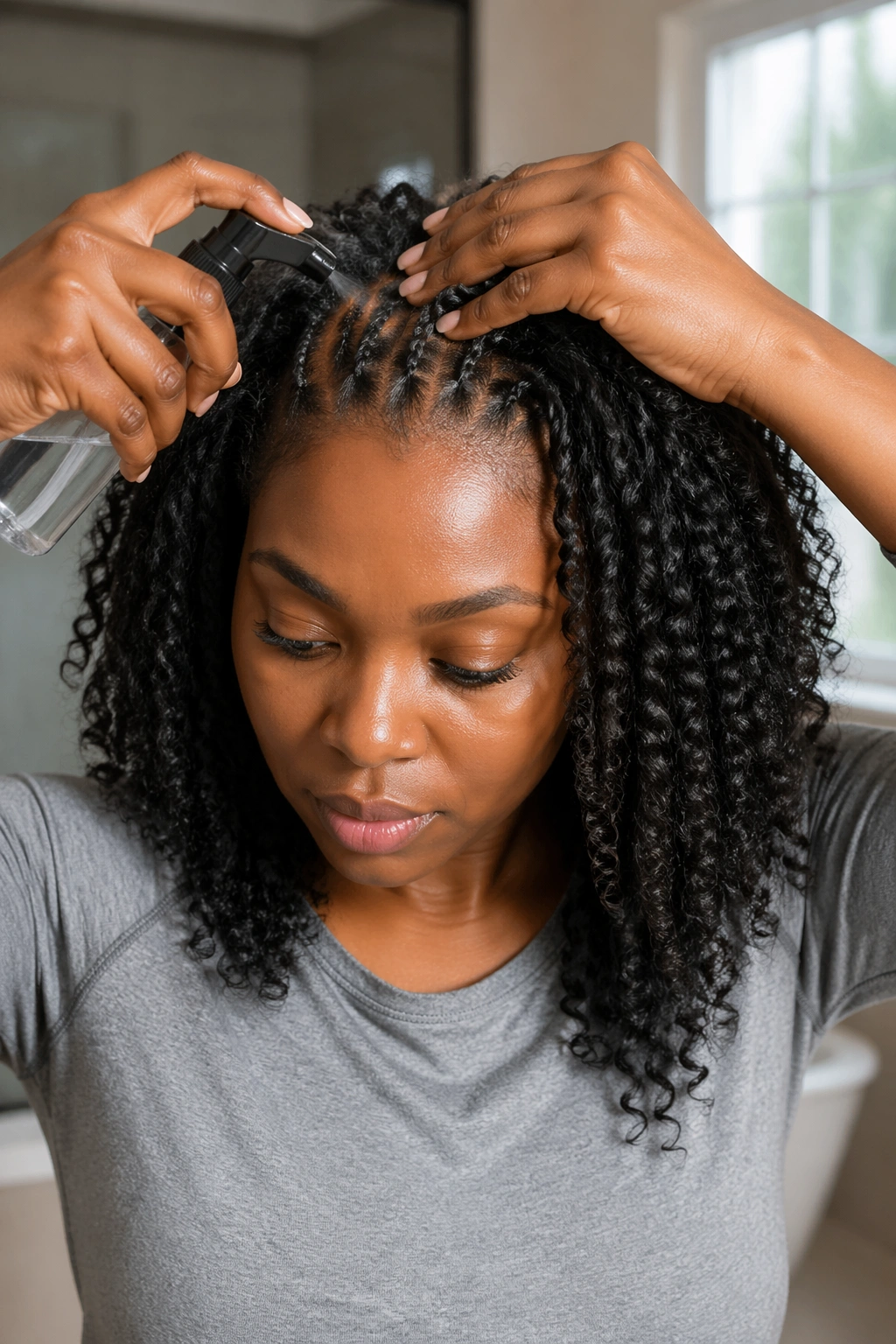 Close-up of a real woman maintaining crochet styles on Afro hair with spray bottle