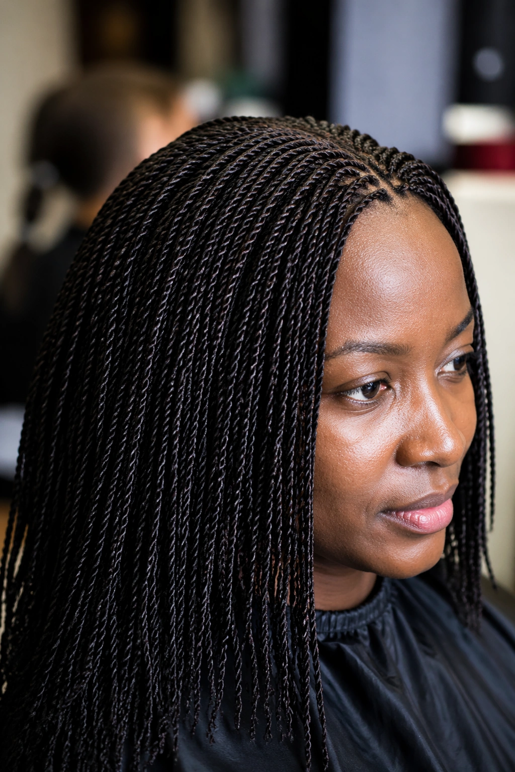 Close-up of a real person with crochet micro twists in a cozy setting