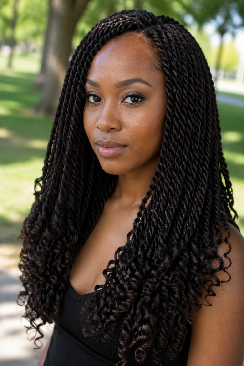 Close-up of a real woman with Crochet Senegalese With Curl Ends hairstyle