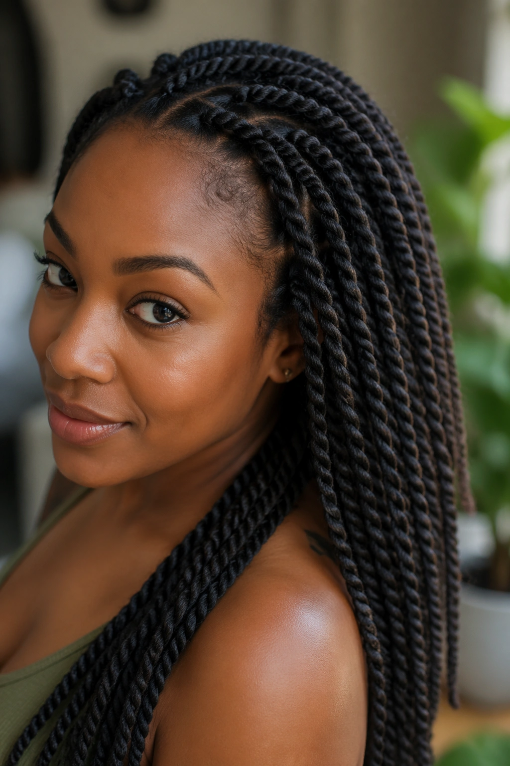Close-up of a real woman with crochet Senegalese twists in warm window light
