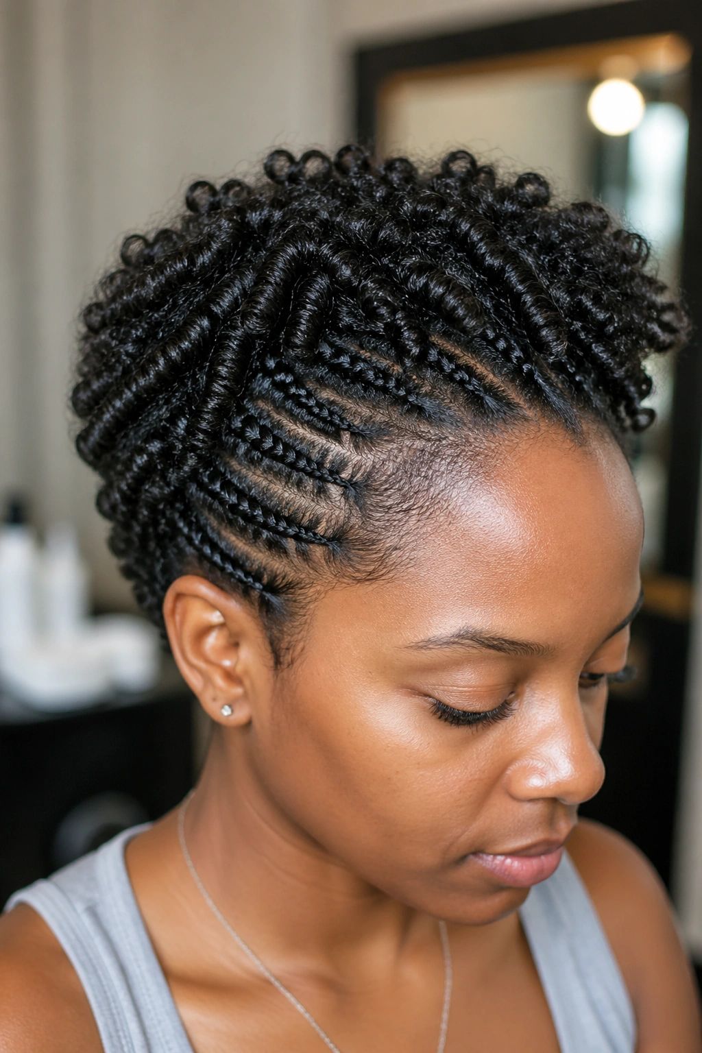 Close-up of a woman with short Afro base and crochet extensions visible at the scalp.