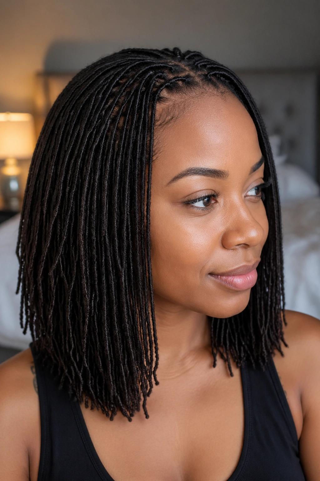 Real person wearing crochet sisterlocks with tiny locs.