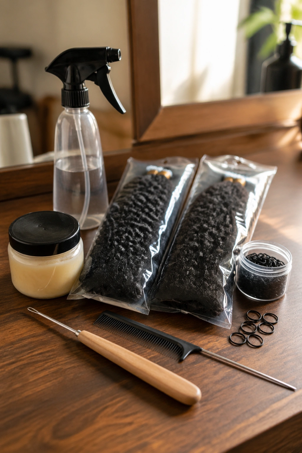 Close-up of crochet installation supplies on a vanity