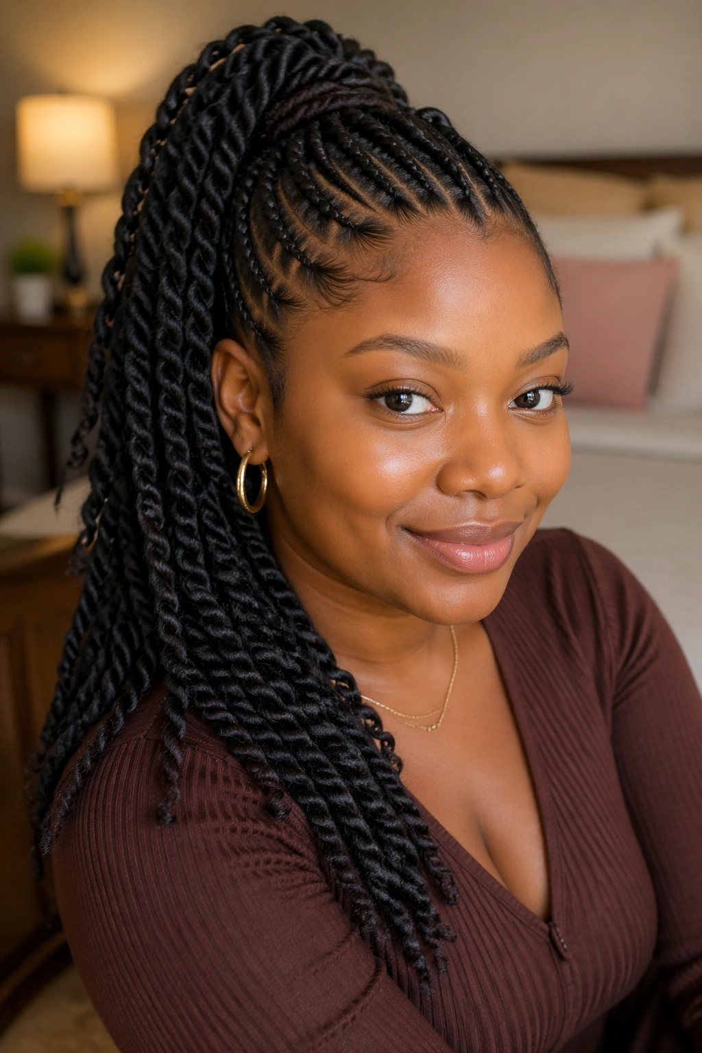 Real woman with crochet twist ponytail install in cozy room