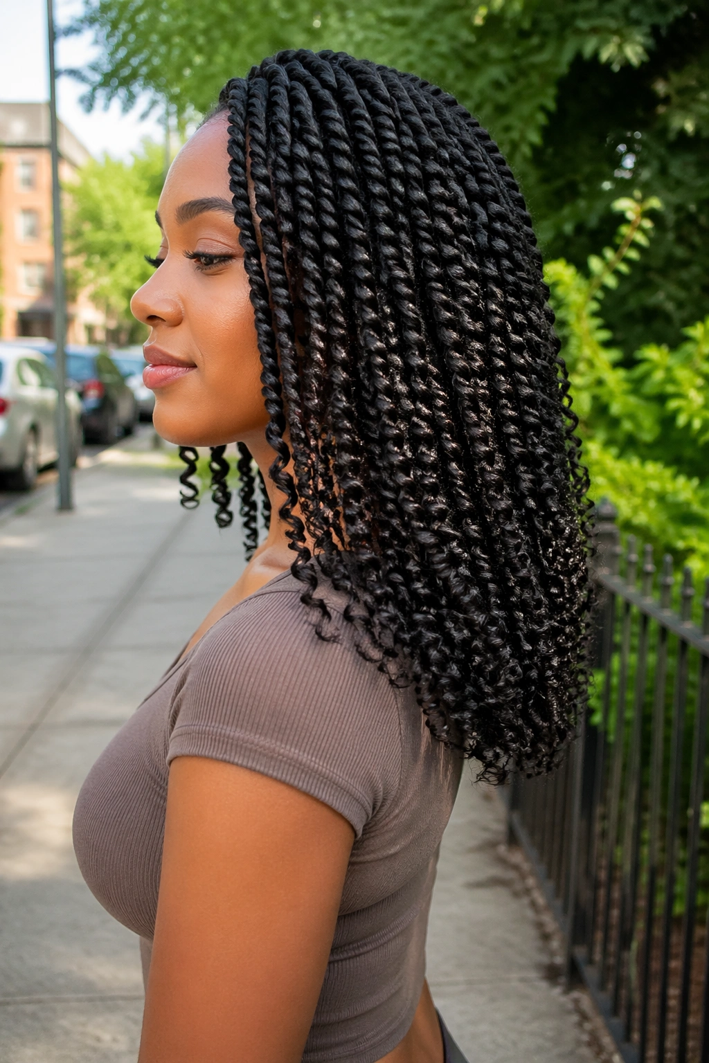 Side profile of crochet twists with curly ends in an outdoor setting.