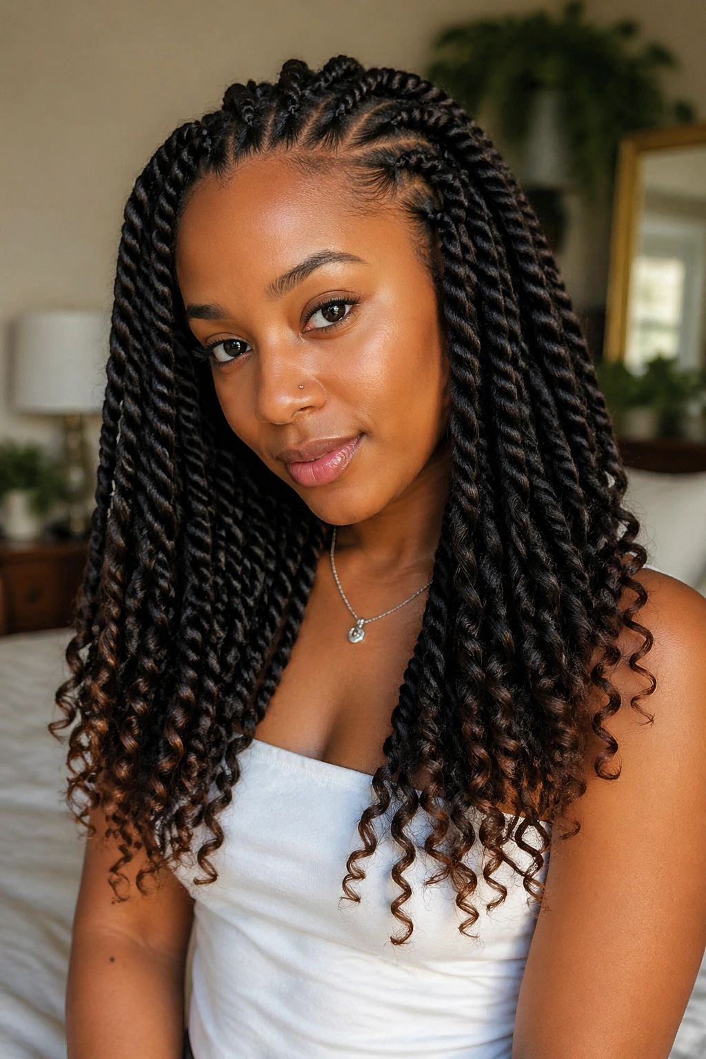 Close-up portrait of a real woman with crochet twists ending in curly ends
