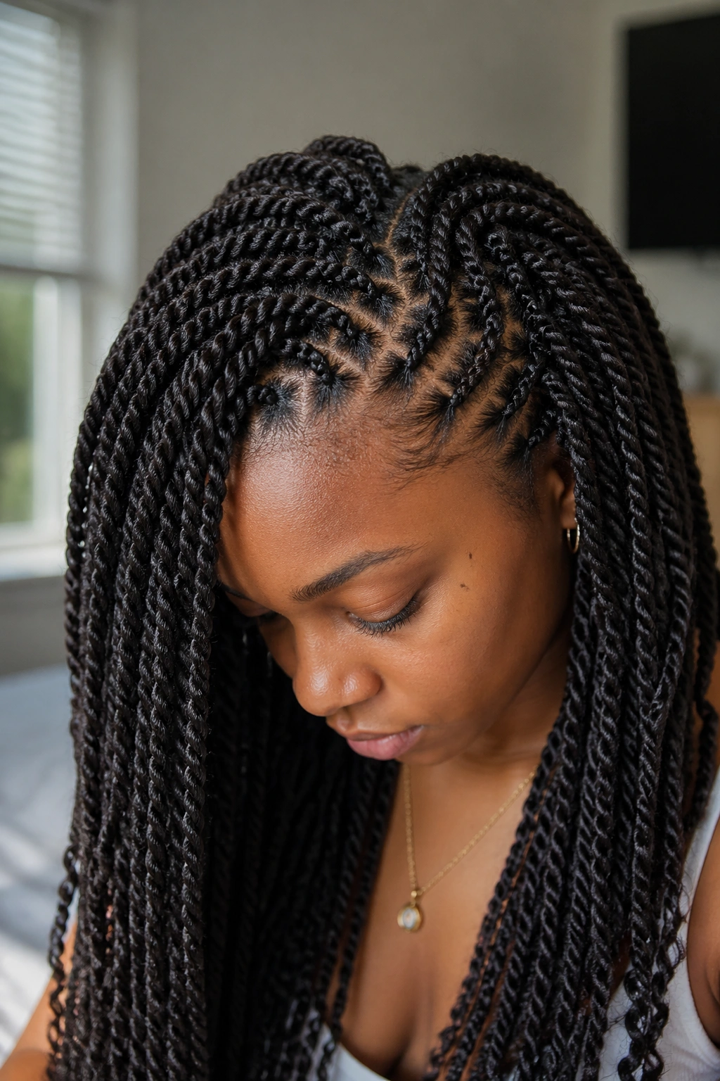 Close-up of a real person with crochet twists and anchored roots