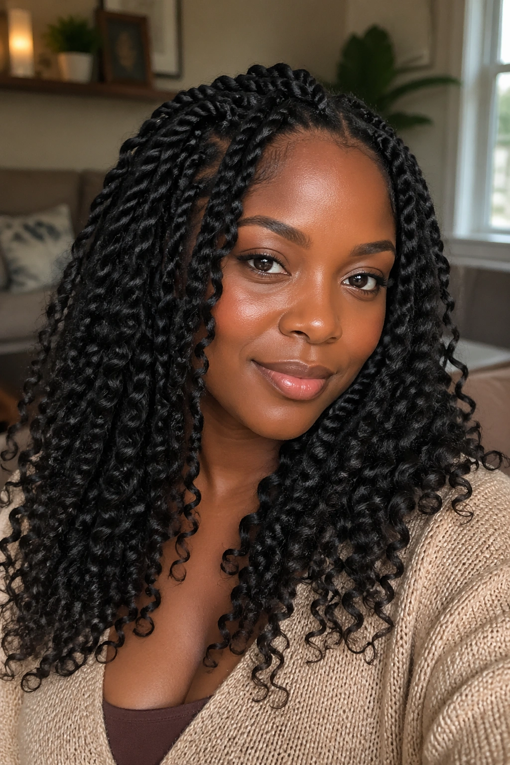 Close-up of crochet twists with pre-looped curl fiber on a real woman's head
