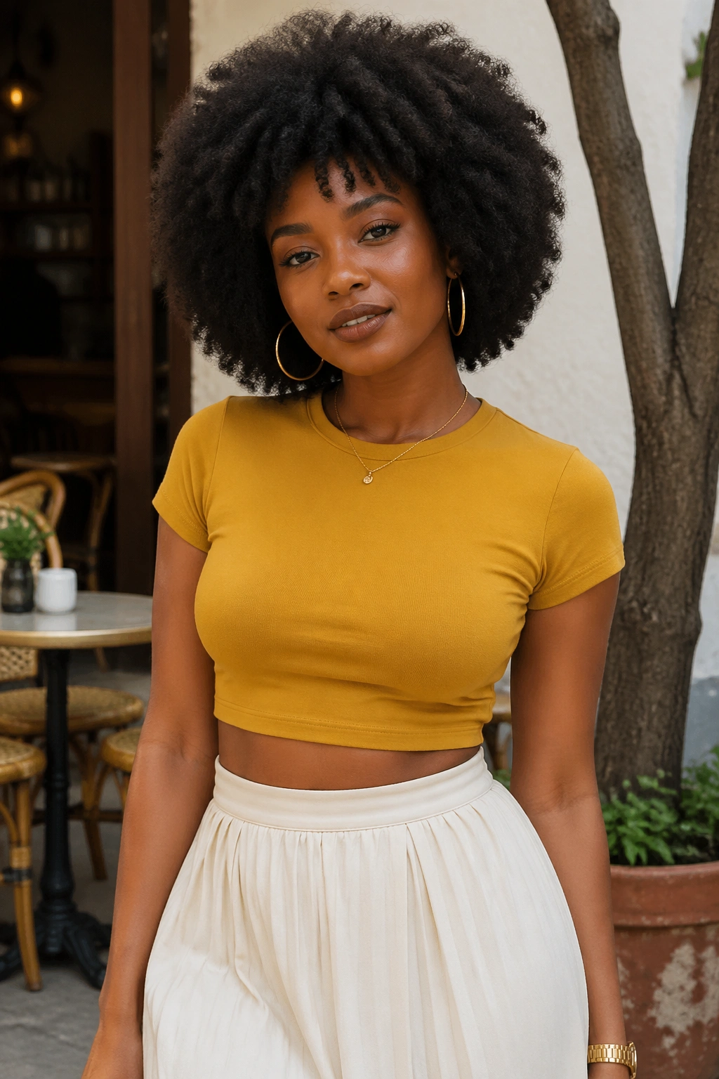 Portrait of a woman in mustard crop top and cream high-waisted skirt outdoors