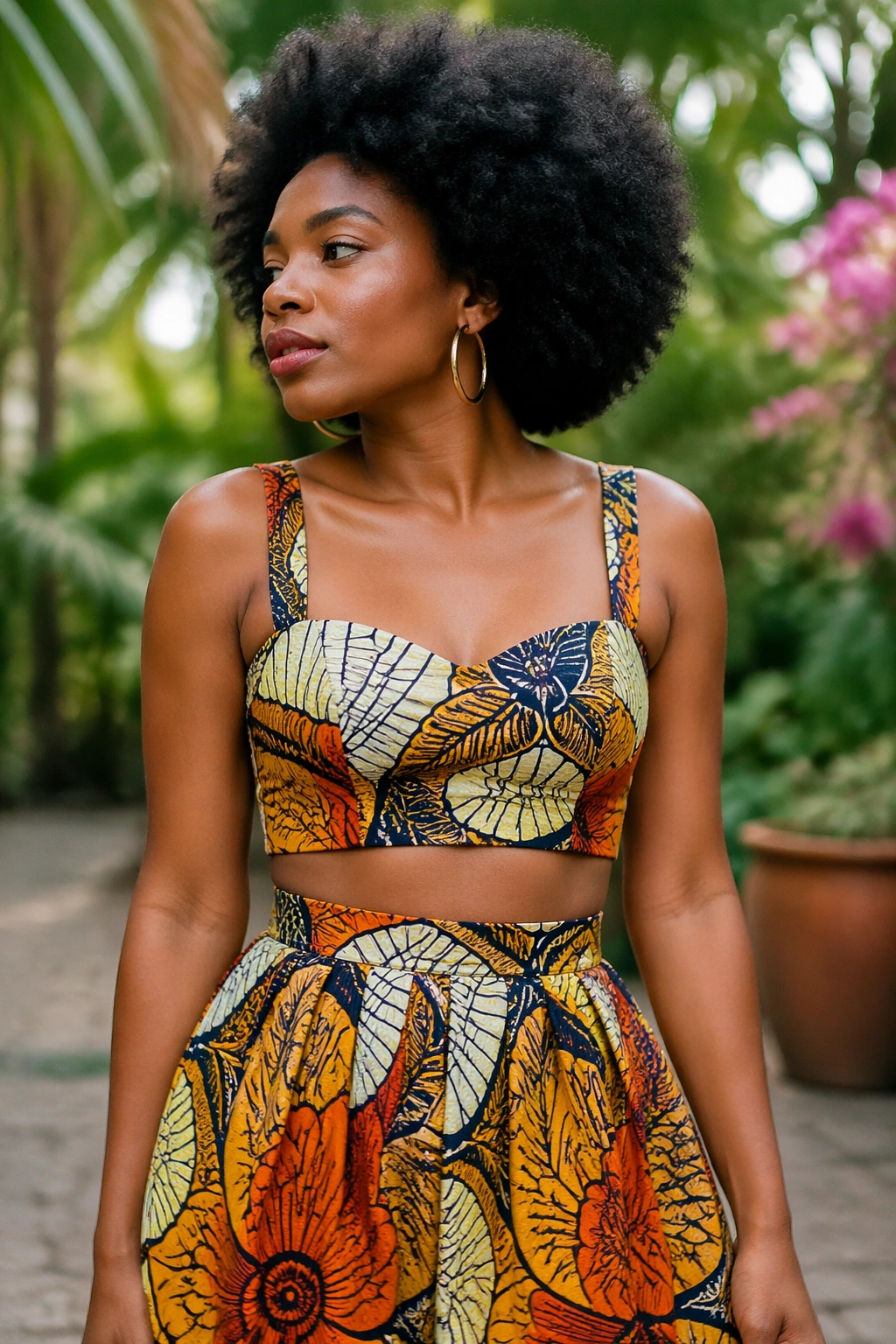 Portrait of a woman in a bold-printed crop top and matching skirt set outdoors