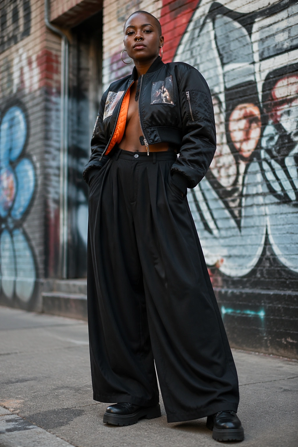 Mid-shot of a woman in a cropped bomber and wide-leg pants on a city street.