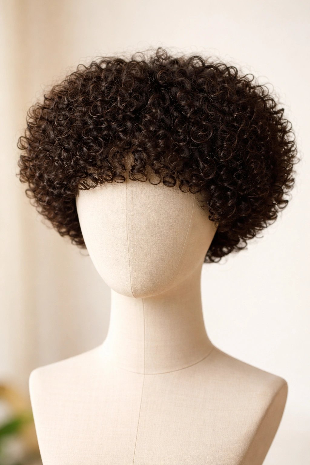 Cropped curly bowl cut wig with rounded fringe grazing eyebrows