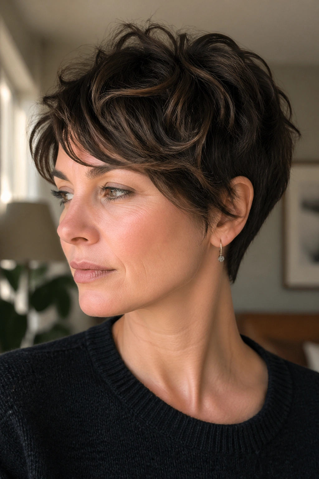 Close-up of a real woman with cropped pixie shag and longer top layers