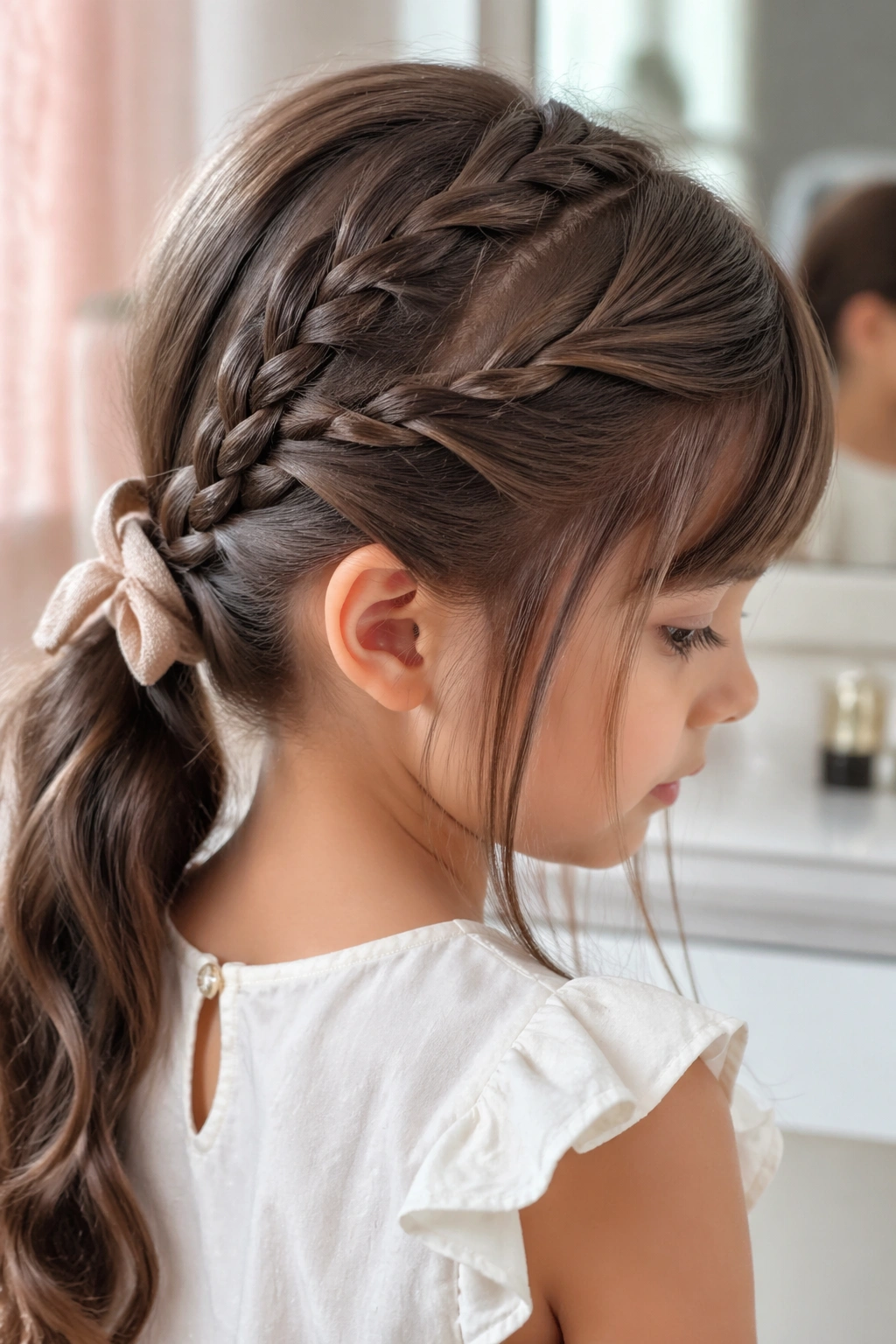 Close-up of cross-over braid ponytail with long bangs on a child.