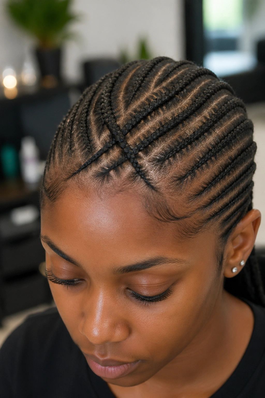 Close-up of a real woman with cross-over front cornrows in an X pattern