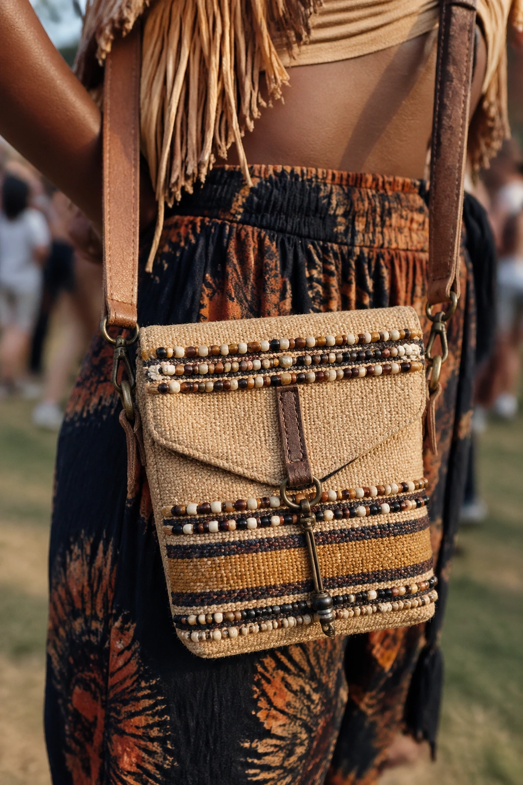 Close-up of a compact crossbody bag at a festival