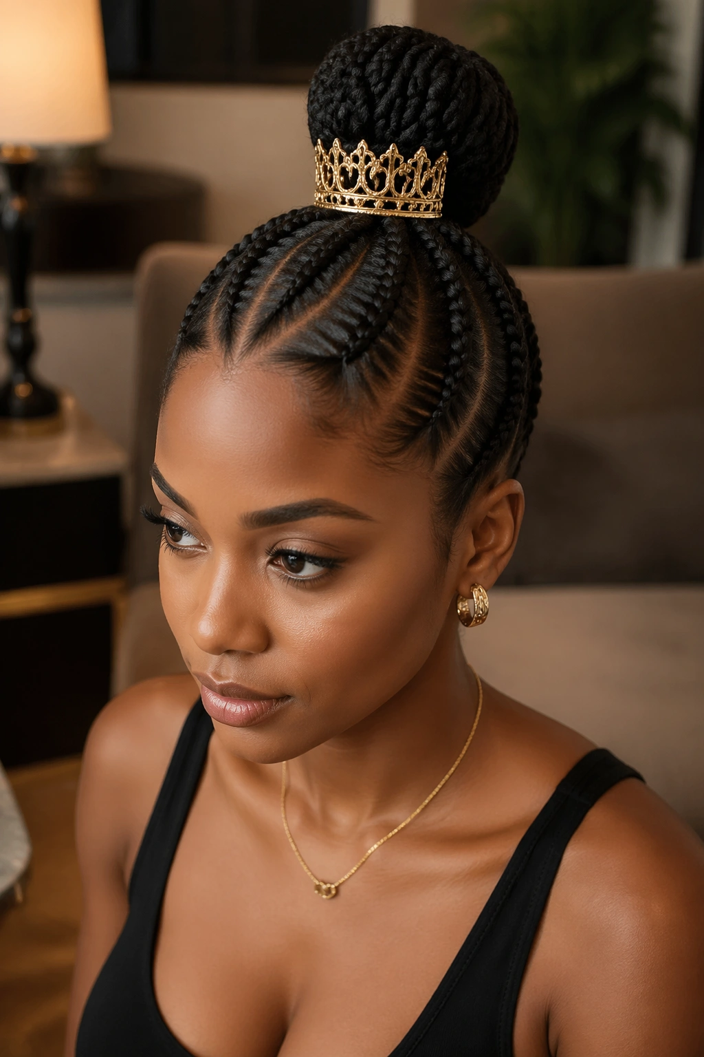 Three-quarter view of a woman with cornrows into a bun, featuring a decorative crown accessory at the center.