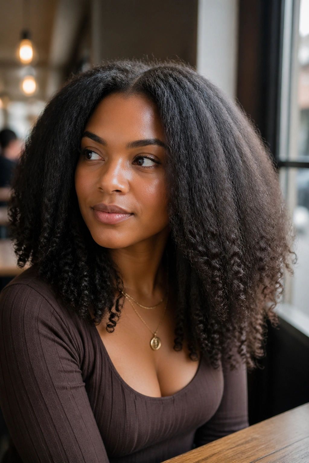 Close-up of a real woman with a blowout crown and natural ends.