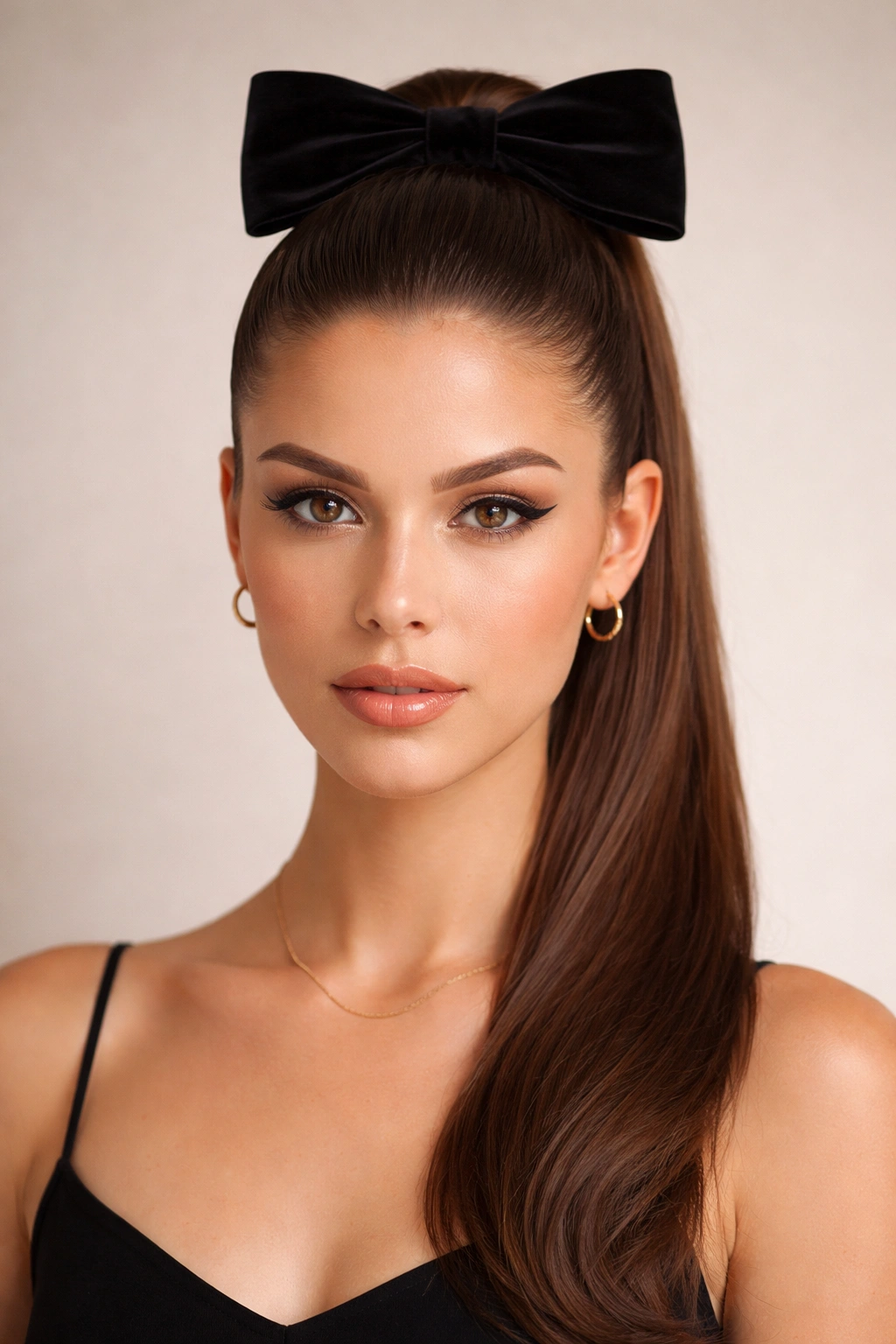 Sleek ponytail with a crown-placed bow in front view