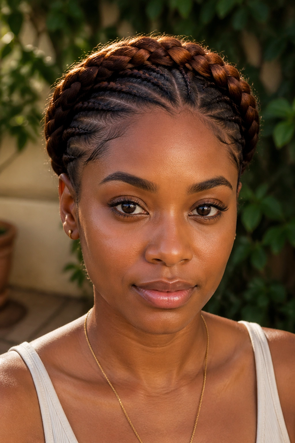 Close-up of auburn crown braid around head forming halo on real person.
