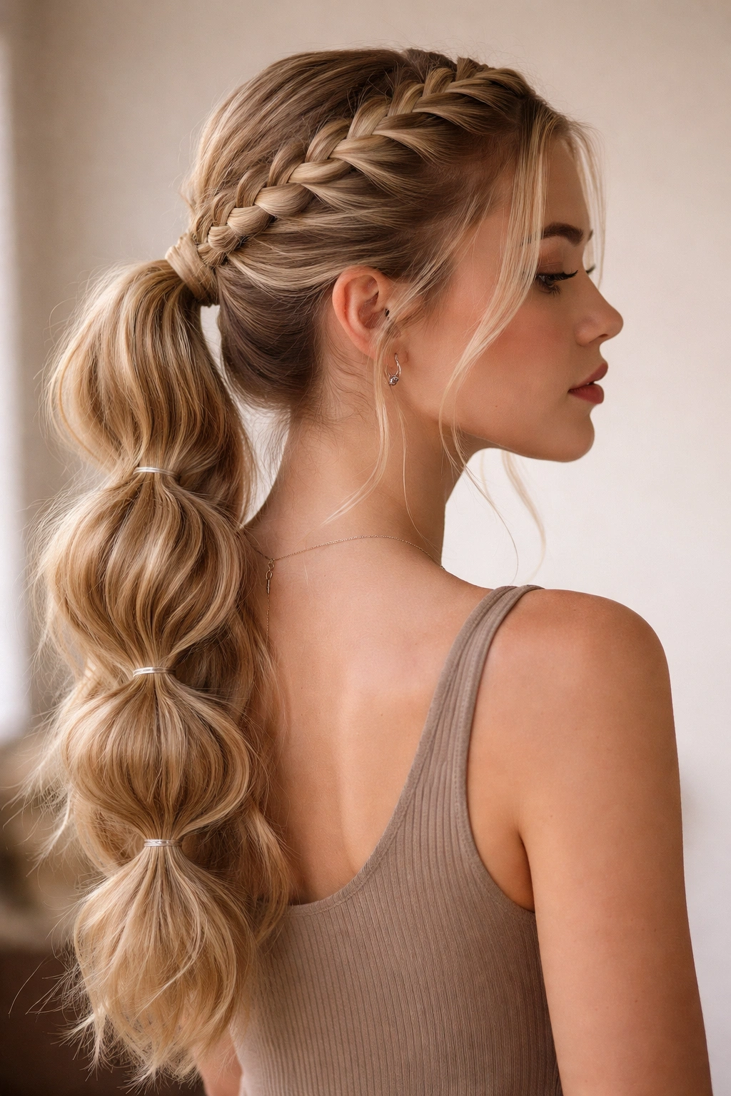 Crown braid leading into a bubble ponytail with structured front and playful back