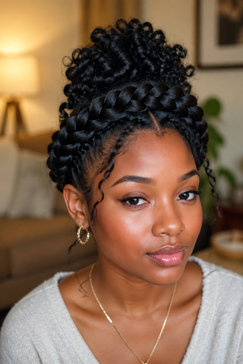 Crown braid with bun on real woman with crown and top bun