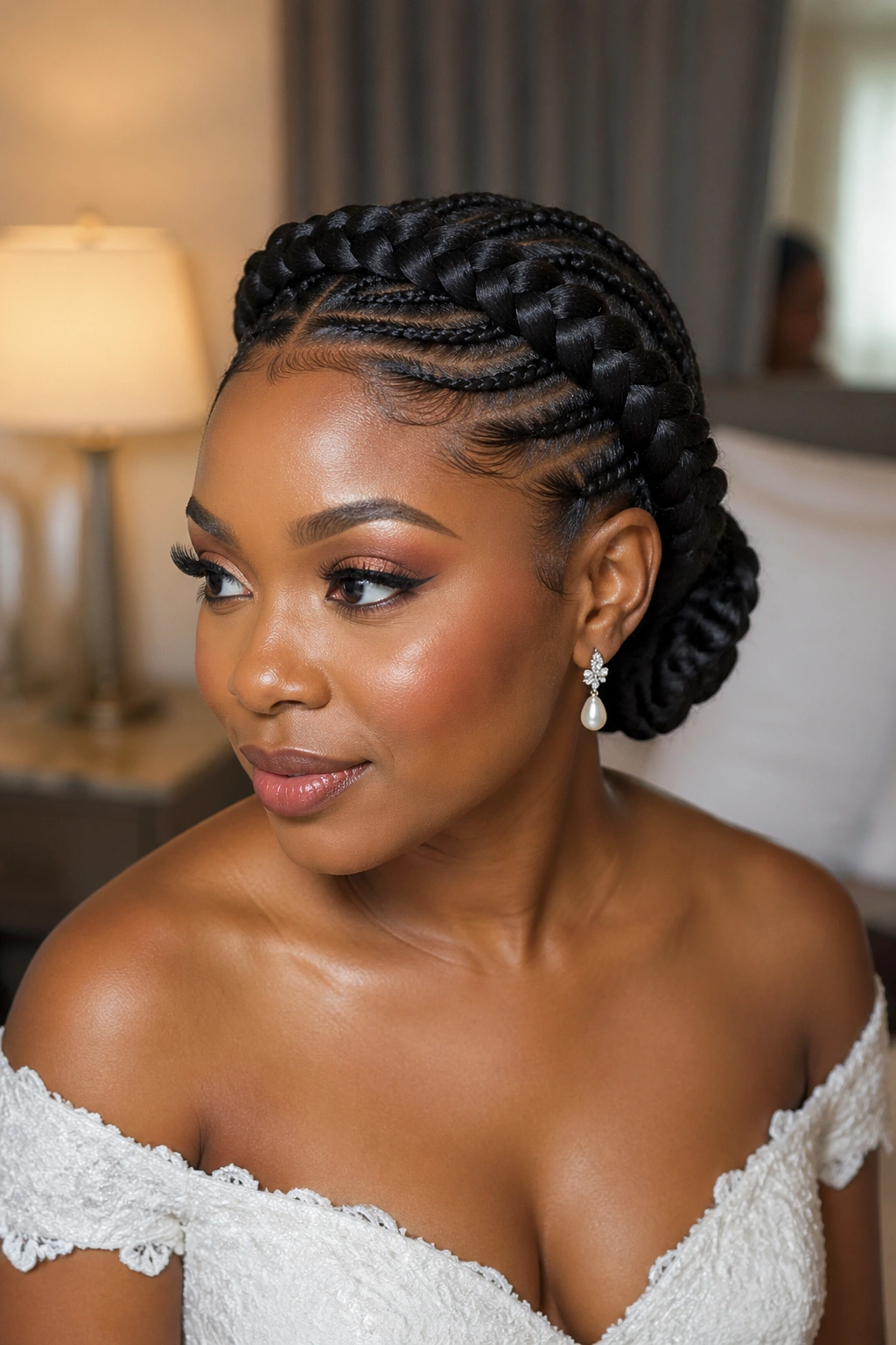 Close-up of a real person wearing a crown braid bun encircling the head
