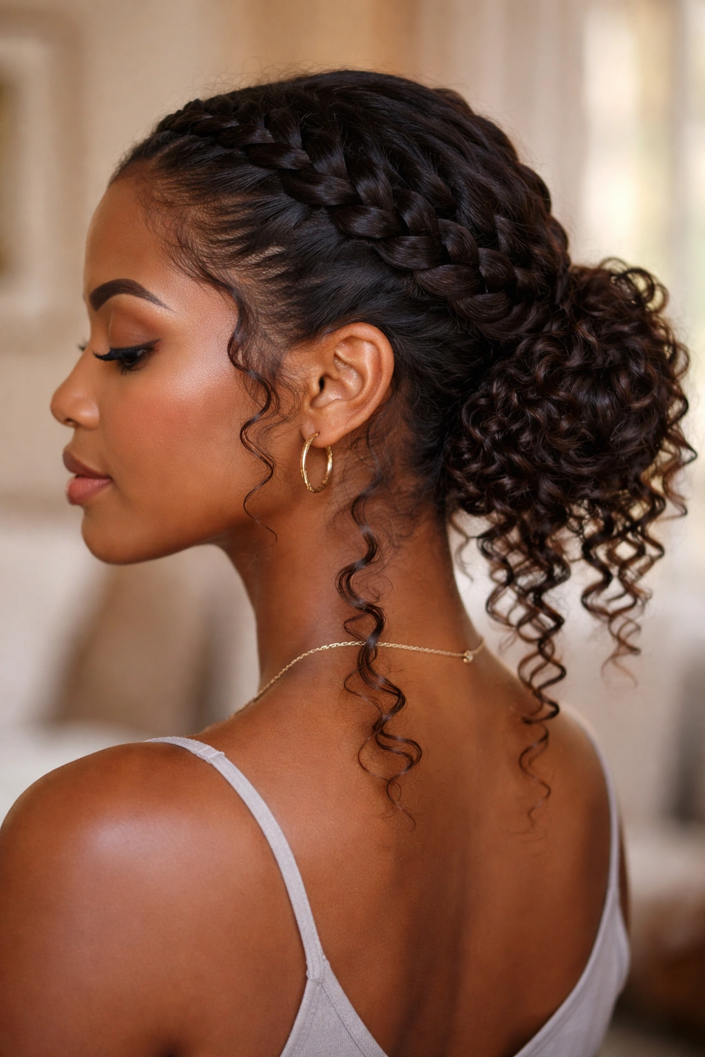 Front portrait of crown braid with bun and curly ends on a real woman