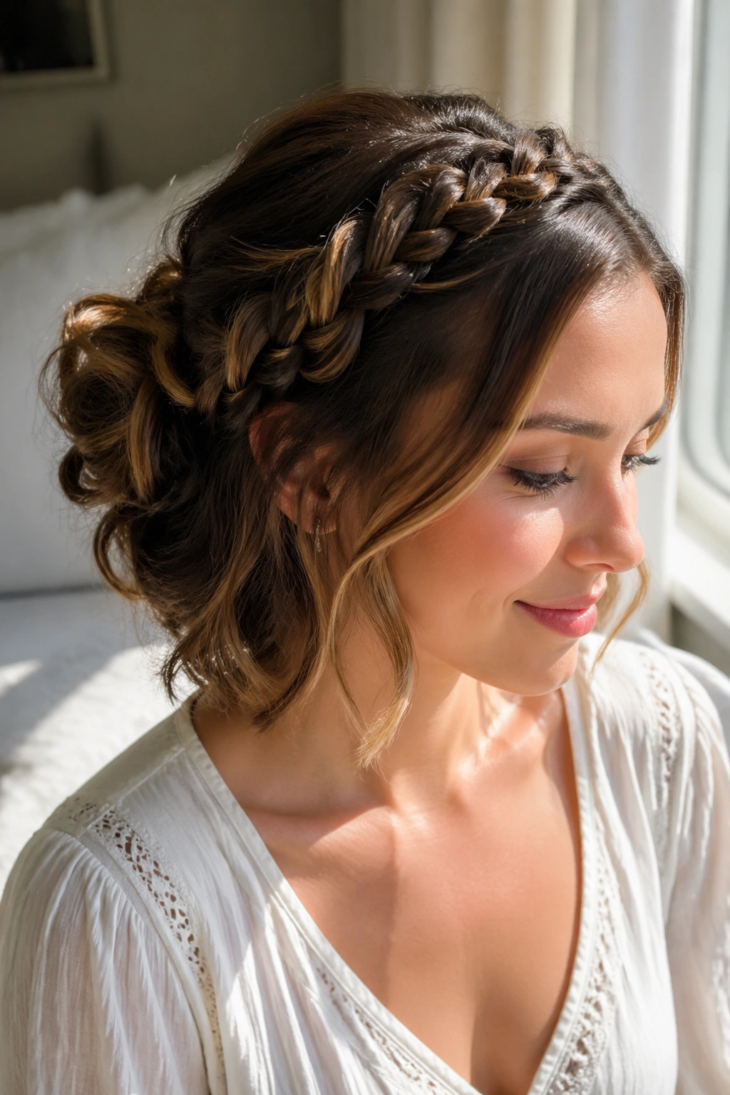 Close-up of a real woman with a crown braid across the crown and bun at the back with shoulder-length waves