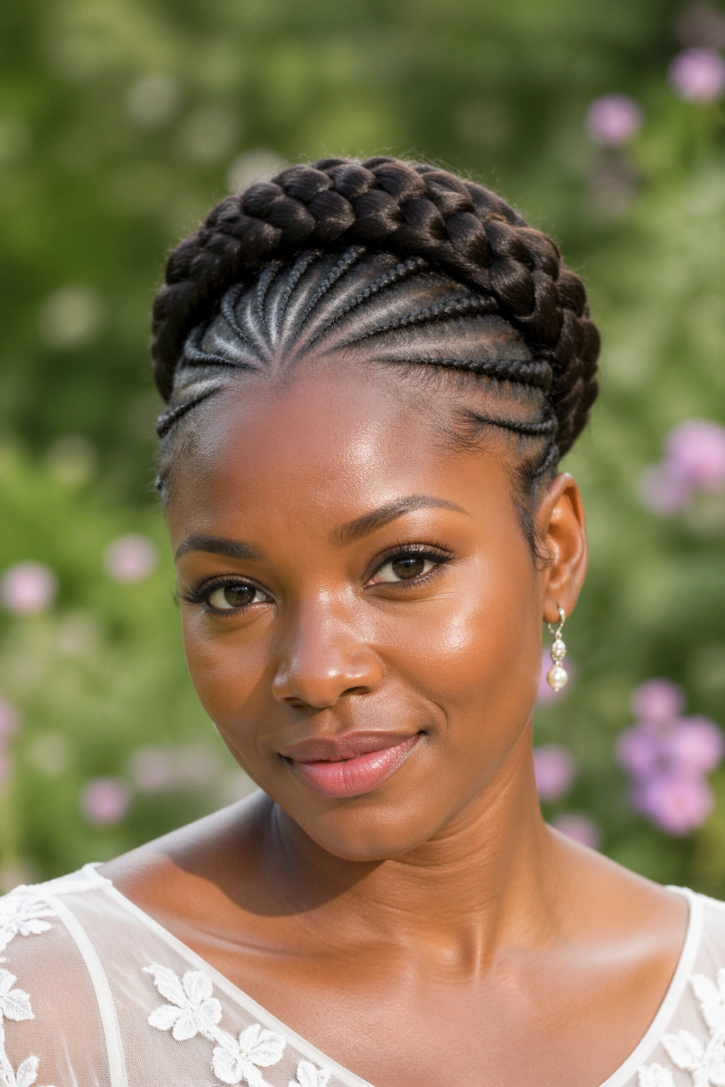 Close-up of a crown braid formed from perimeter cornrows wrapped over the crown