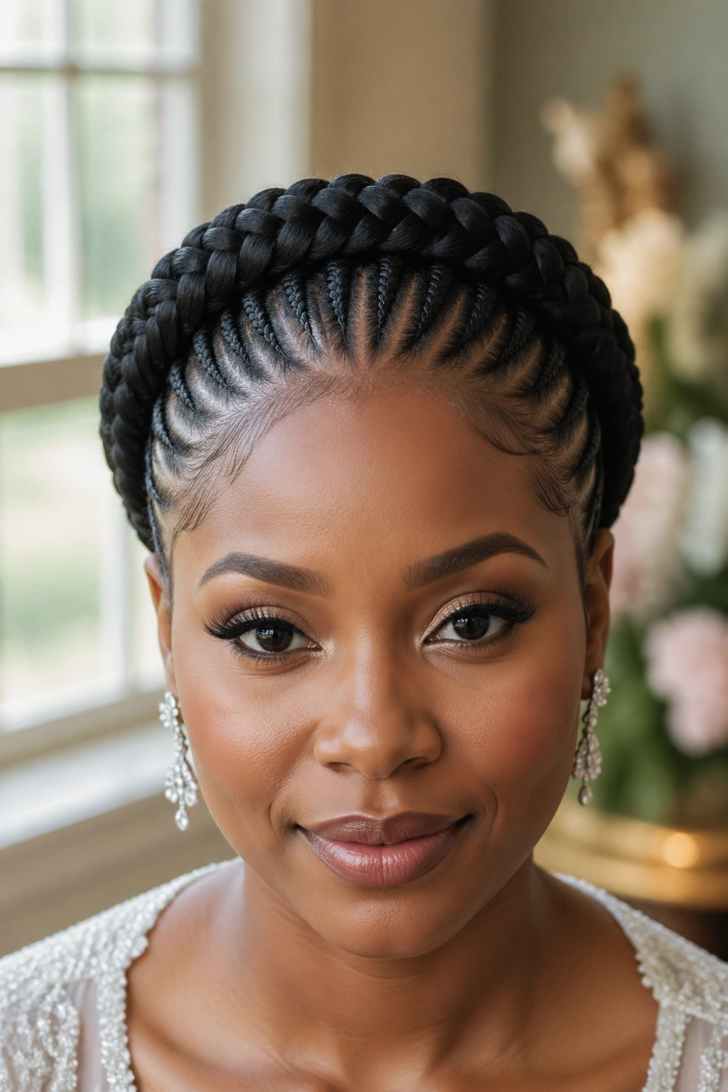 Close-up of a real woman wearing a crown braid updo made from cornrows