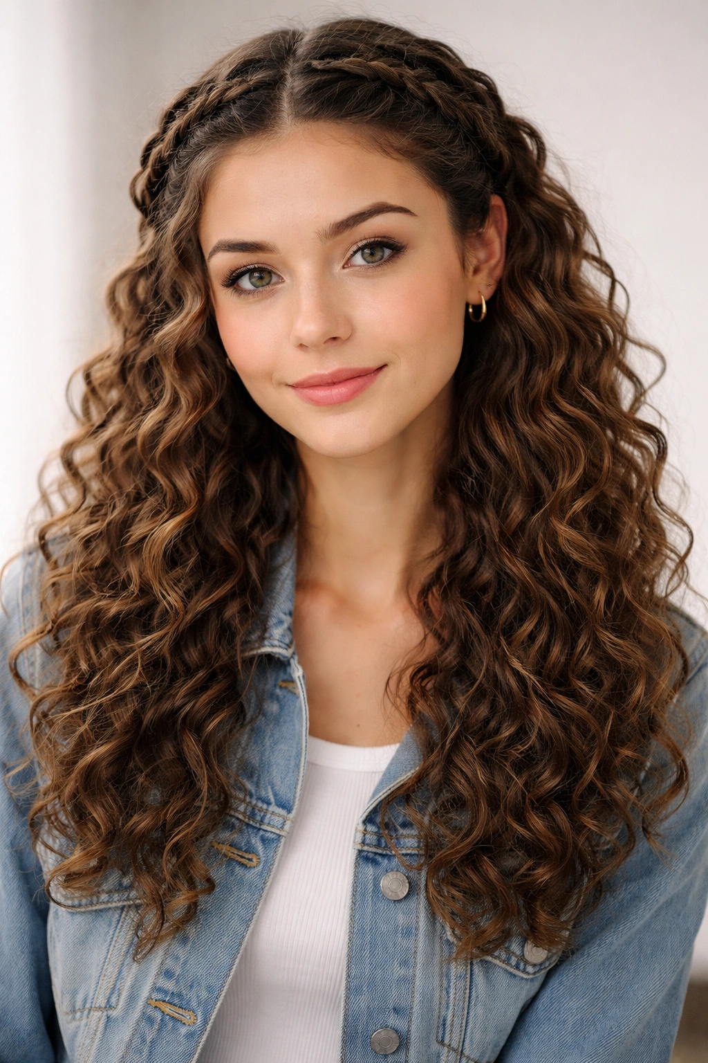 Crown braid along the hairline with loose curls down