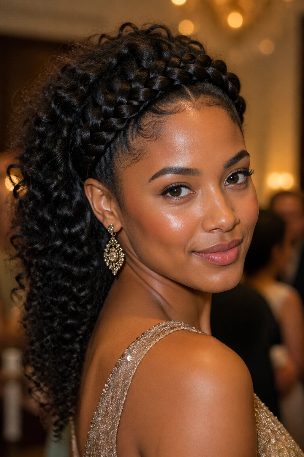 Portrait of a real person with a crown braid and flowing curls