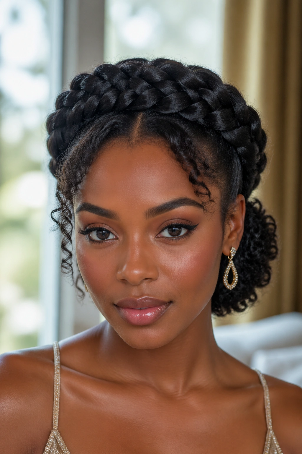 Front view of crown braid around head with gathered curls below