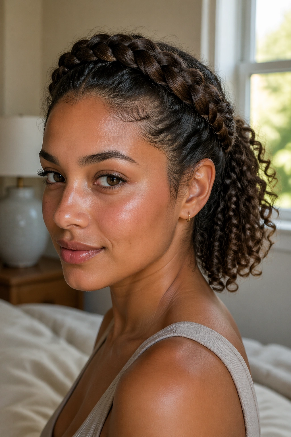 Close-up of crown braid on a real woman with curls visible at the back