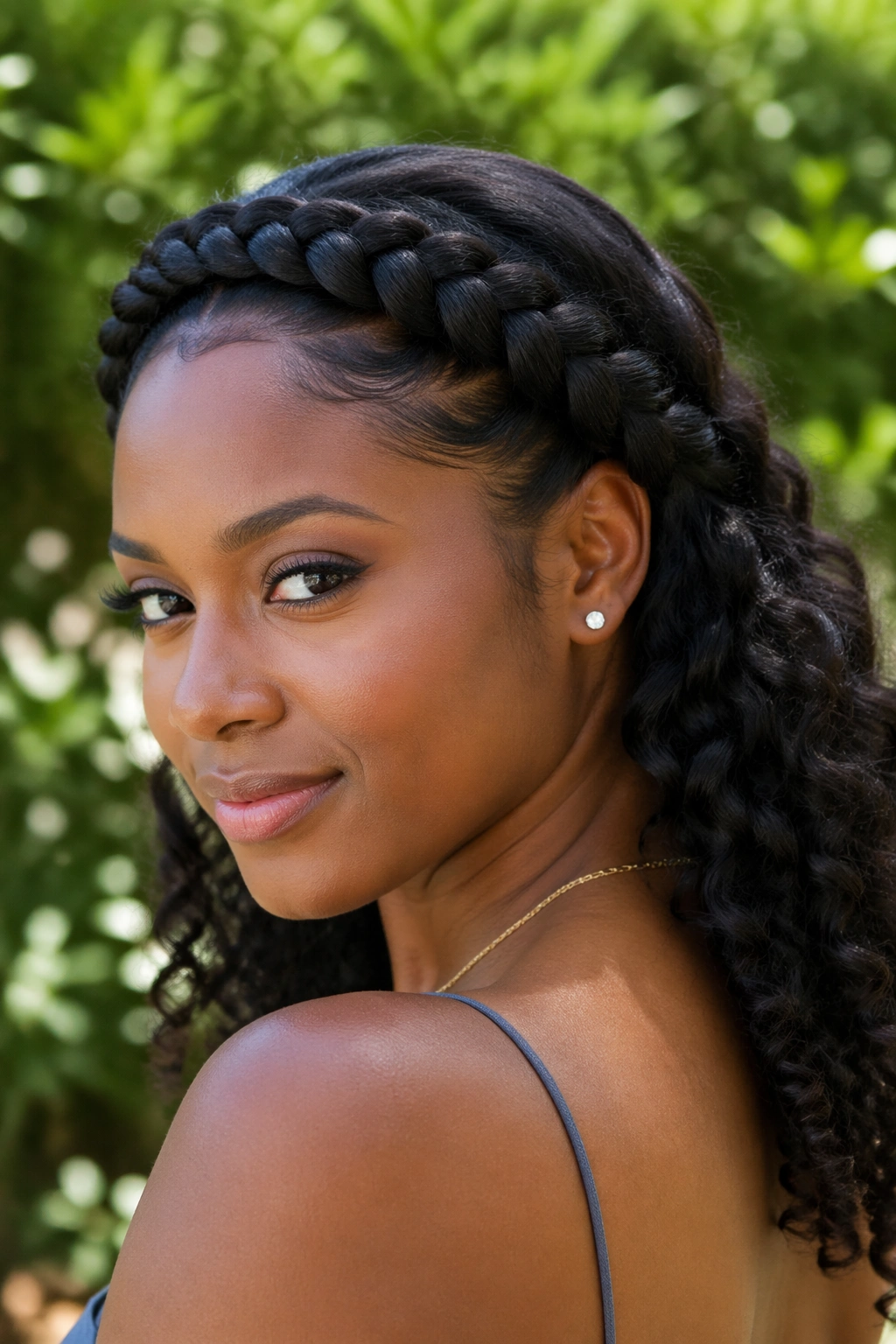 Portrait of real Black woman with crown braid and loose curls outdoors