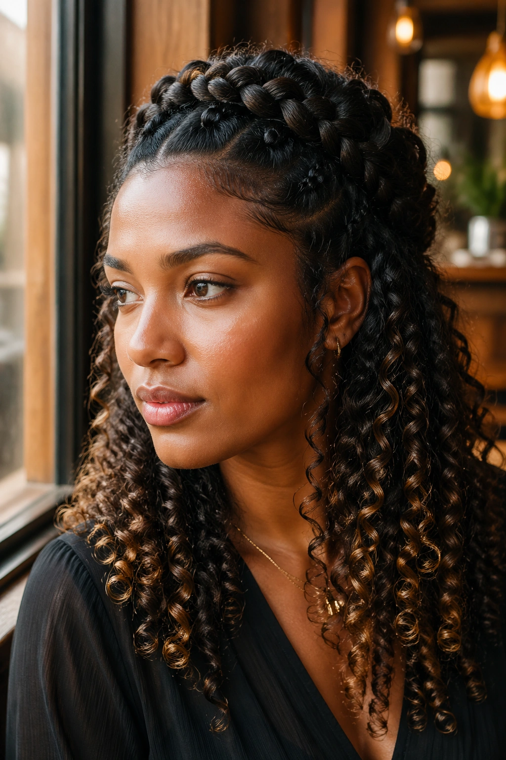 Close-up of a woman wearing a half-up crown braid with spiral ends in sunlit cafe setting