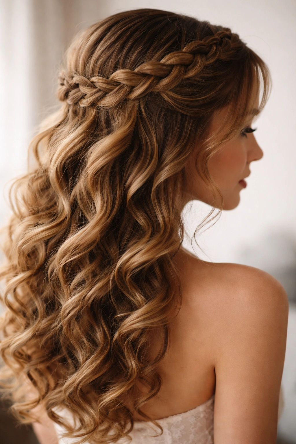 Close-up of crown braid with loose curls in a studio portrait