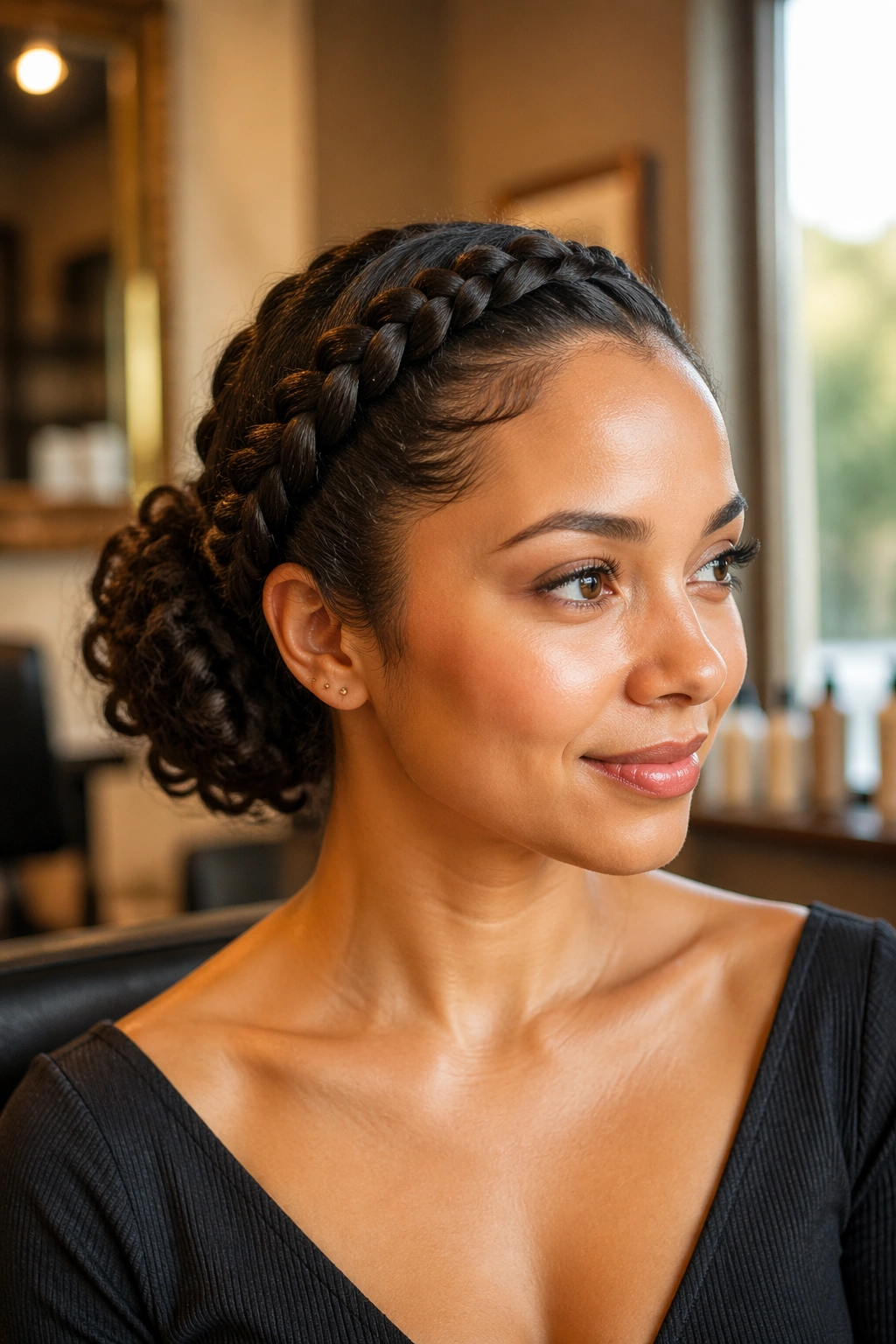 Crown braid curly bun framing face with back bun