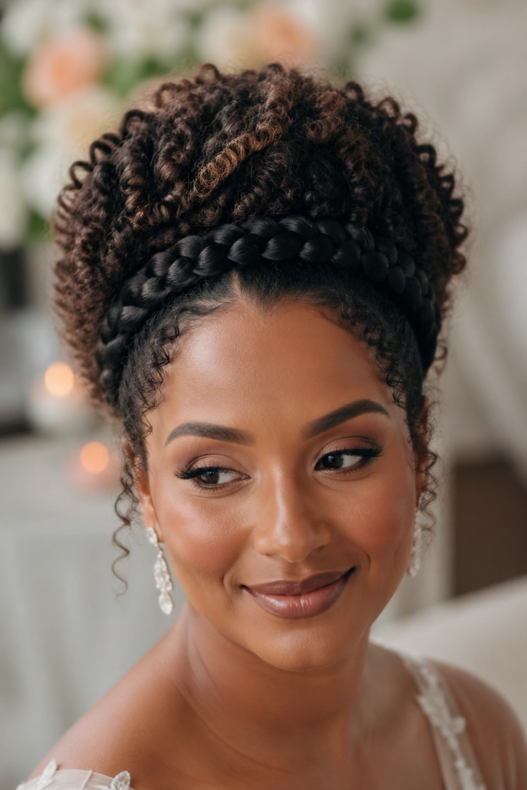 Bride with crown braid and curly center halo