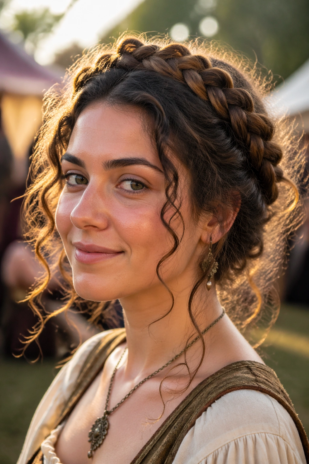 Close-up of a real woman wearing a crown braid halo on curly hair at a Renaissance faire