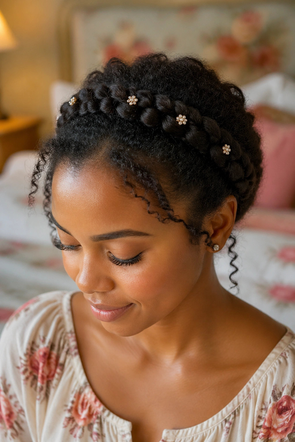 Real person with a delicate crown braid around the head with decorative pins in soft lighting