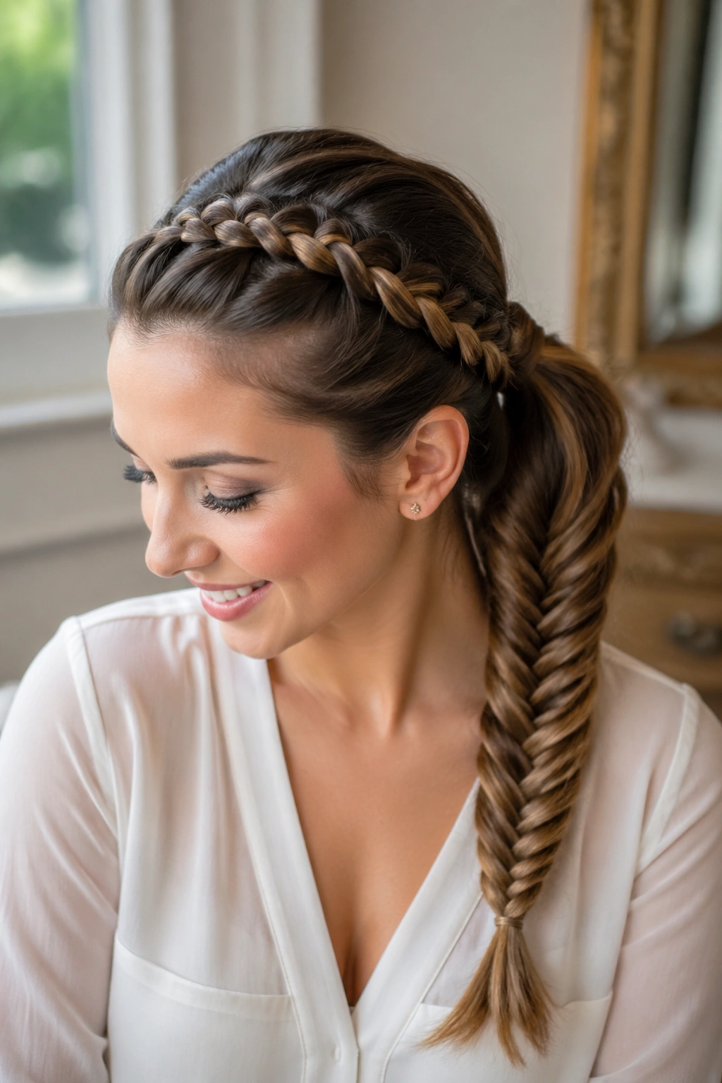 Close-up of a real woman with a crown braid leading into a fishtail ponytail