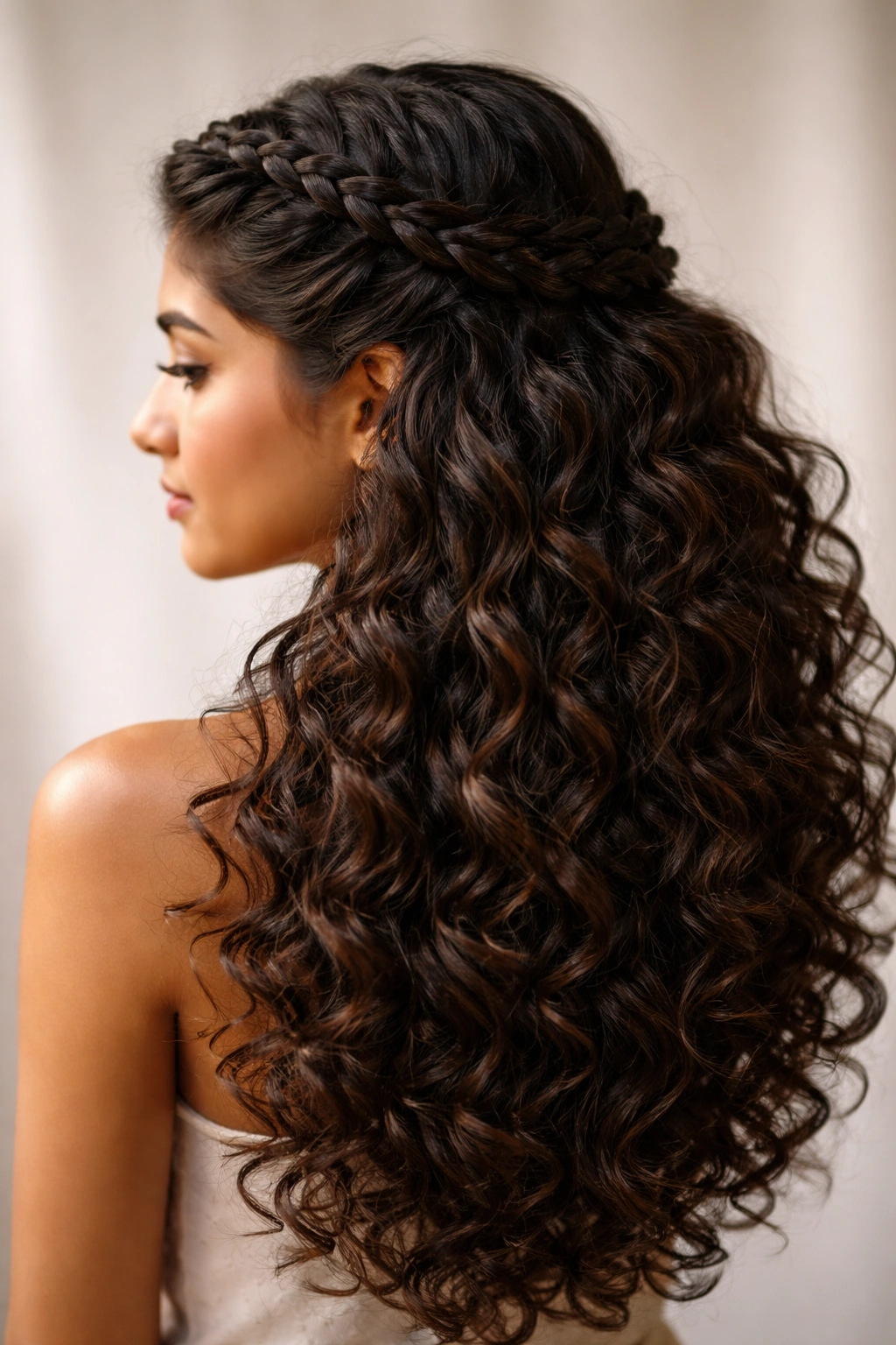 Crown braid around head with free curls behind